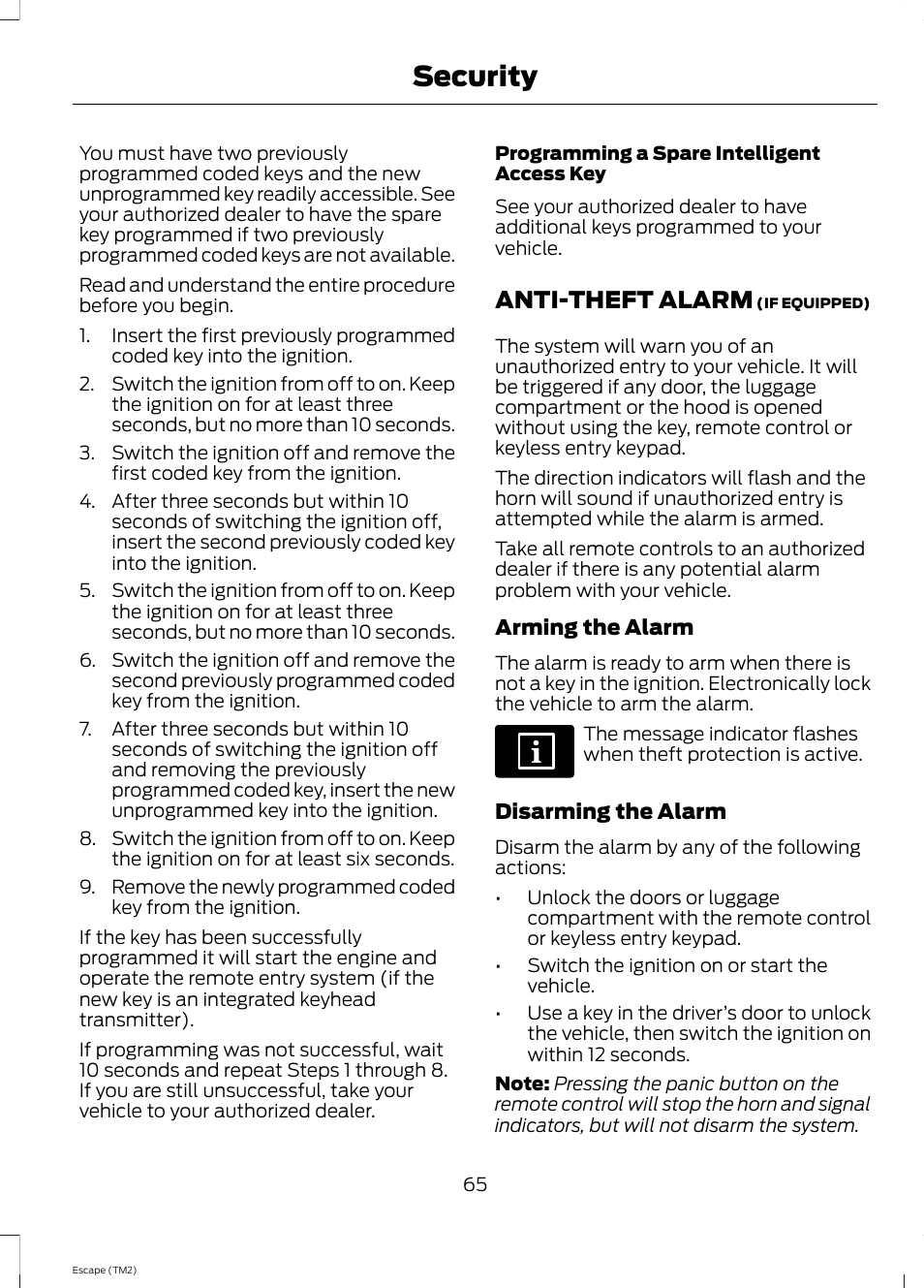 Anti-theft alarm, Security | FORD 2014 Escape v.3 User Manual | Page 68 / 434