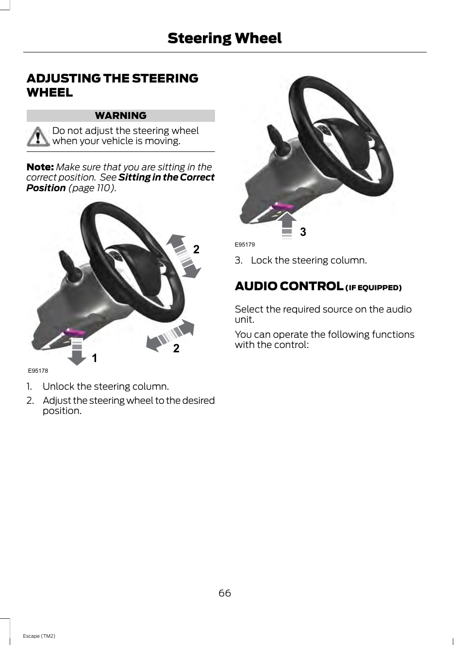 Steering wheel, Adjusting the steering wheel, Audio control | Adjusting the steering wheel audio control | FORD 2014 Escape v.3 User Manual | Page 69 / 434