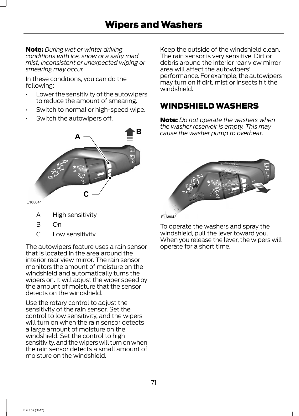Windshield washers, Wipers and washers | FORD 2014 Escape v.3 User Manual | Page 74 / 434