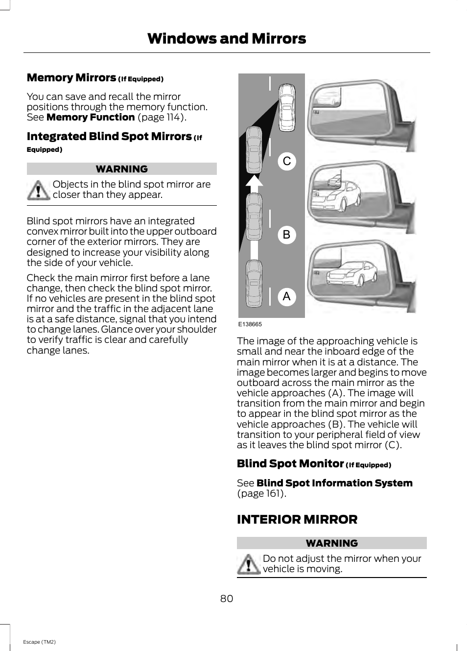 Interior mirror, Windows and mirrors, Ab c | FORD 2014 Escape v.3 User Manual | Page 83 / 434