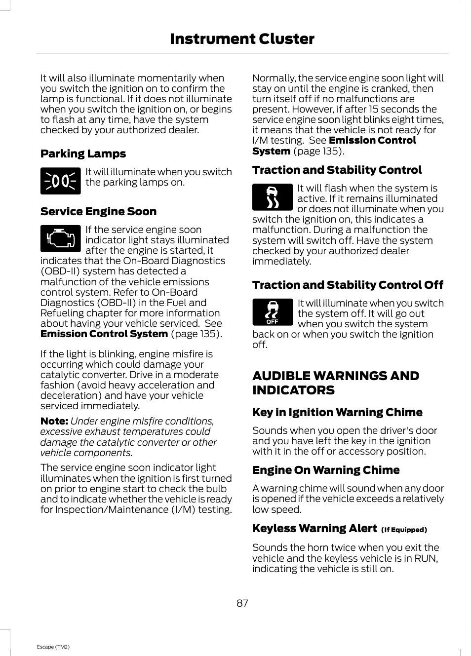 Audible warnings and indicators, Instrument cluster | FORD 2014 Escape v.3 User Manual | Page 90 / 434