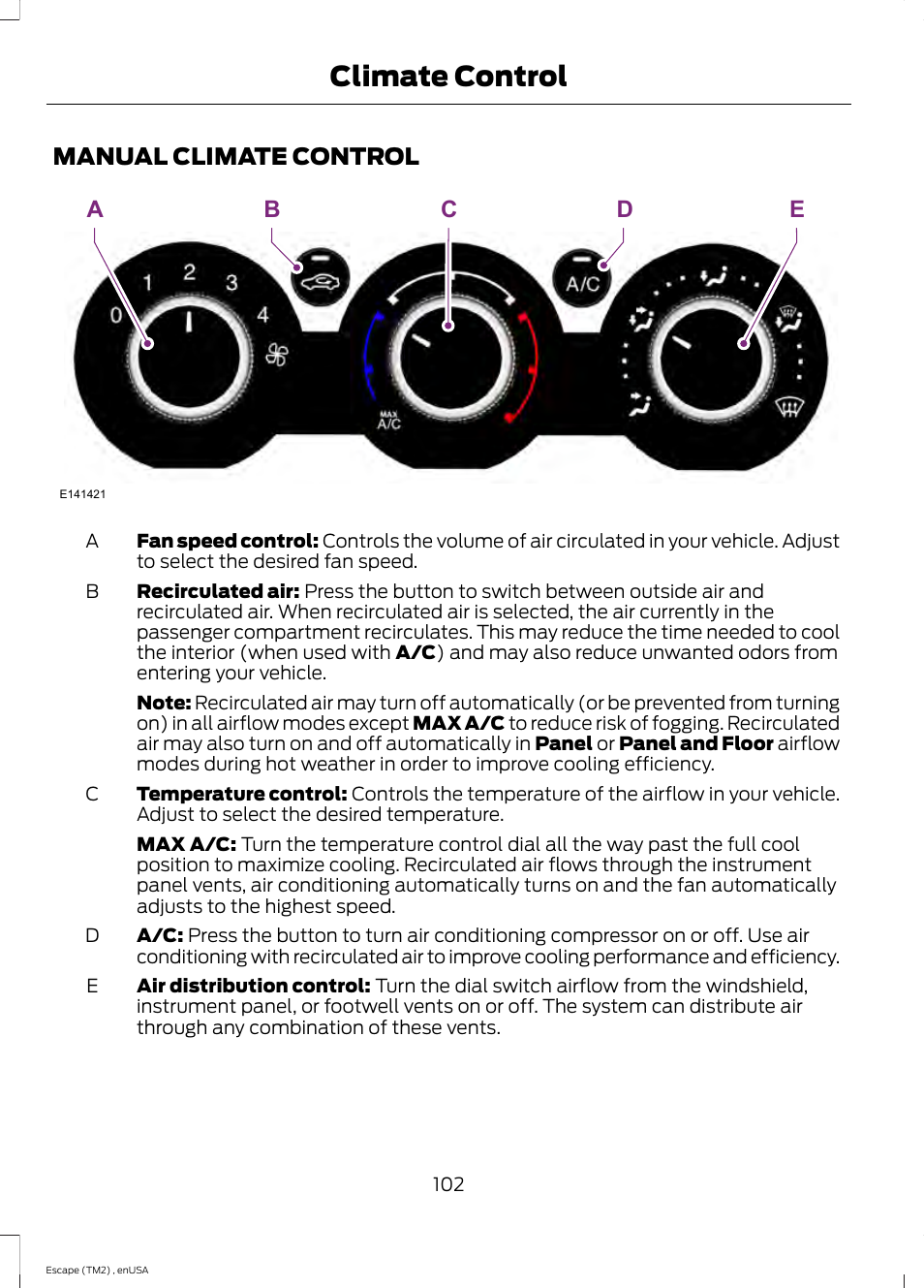 Climate control, Manual climate control, Ae b d c | FORD 2014 Escape v.4 User Manual | Page 105 / 434