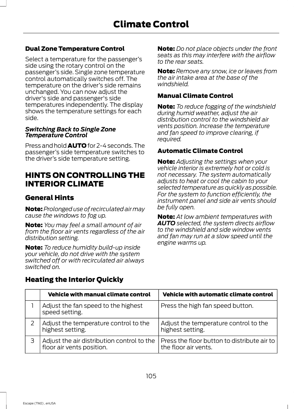 Hints on controlling the interior climate, Hints on controlling the interior, Climate | Climate control | FORD 2014 Escape v.4 User Manual | Page 108 / 434