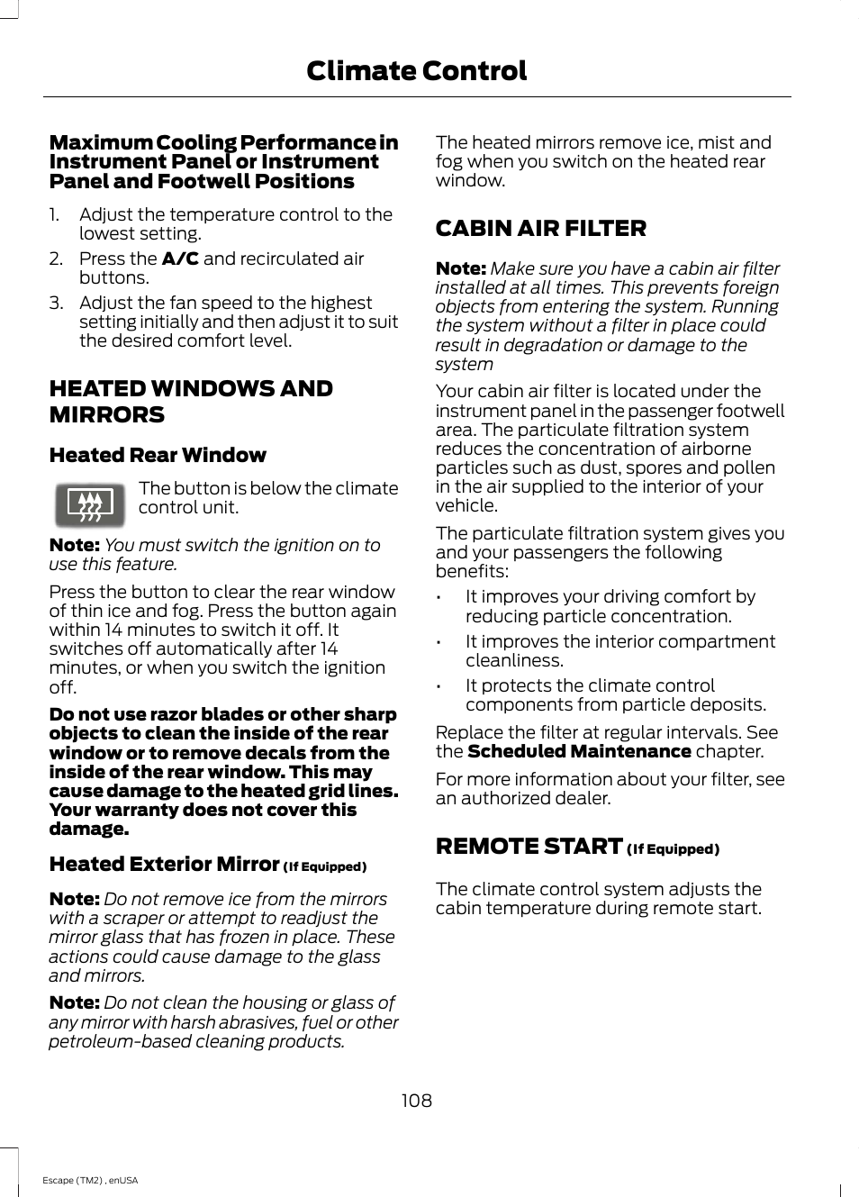 Heated windows and mirrors, Cabin air filter, Remote start | Heated windows and mirrors cabin air filter, Climate control | FORD 2014 Escape v.4 User Manual | Page 111 / 434