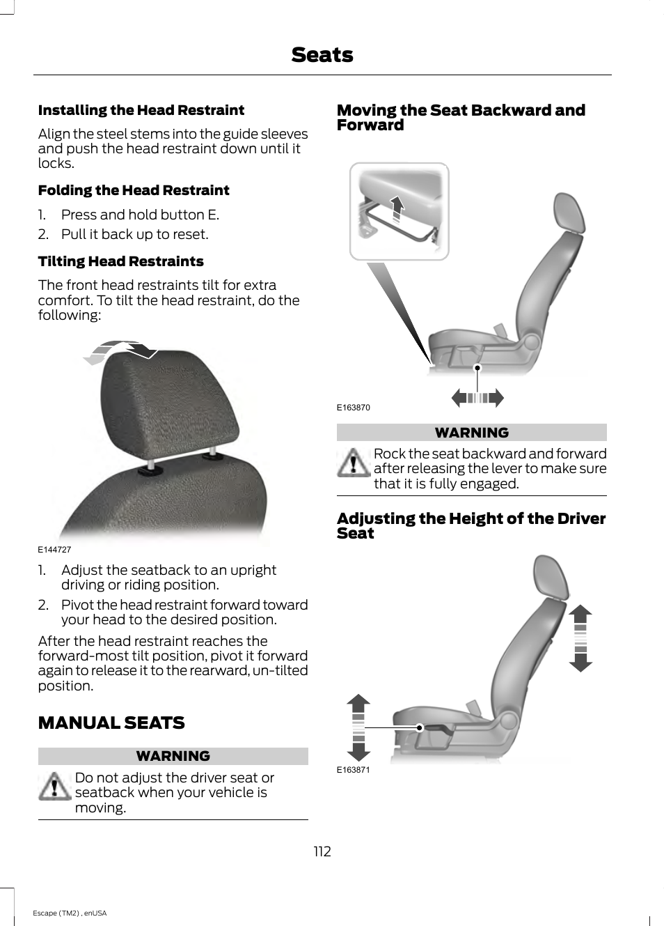 Manual seats, Seats | FORD 2014 Escape v.4 User Manual | Page 115 / 434