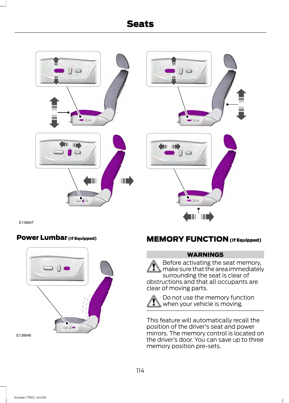 Memory function, Seats | FORD 2014 Escape v.4 User Manual | Page 117 / 434