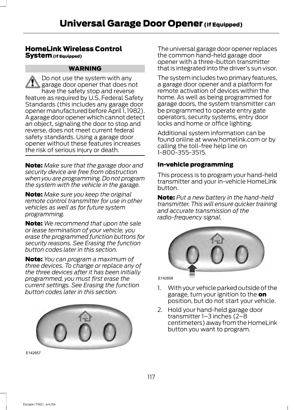 Universal garage door opener, Universal garage door, Opener | FORD 2014 Escape v.4 User Manual | Page 120 / 434