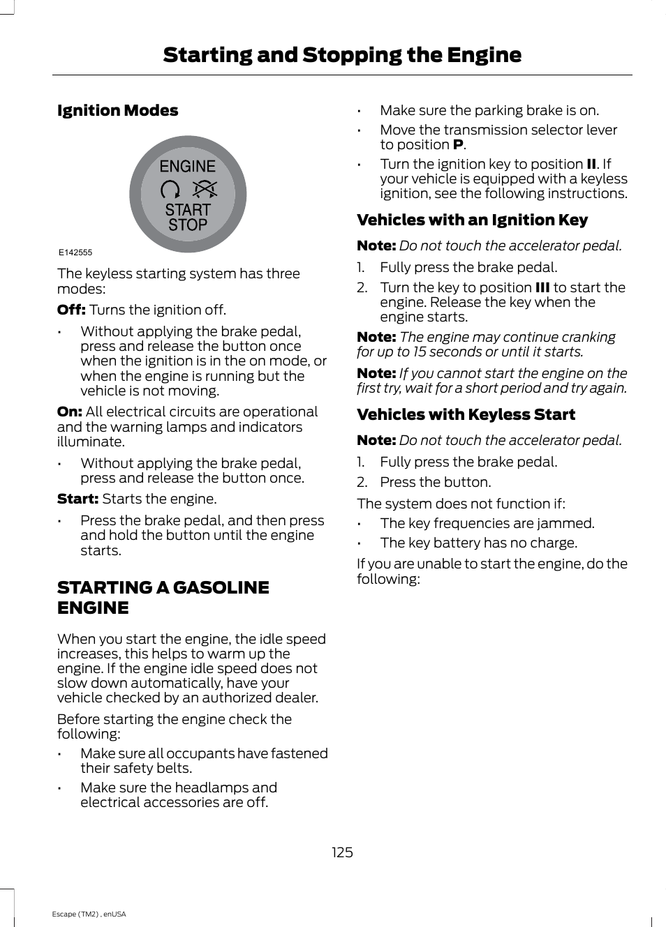 Starting a gasoline engine, Starting and stopping the engine | FORD 2014 Escape v.4 User Manual | Page 128 / 434