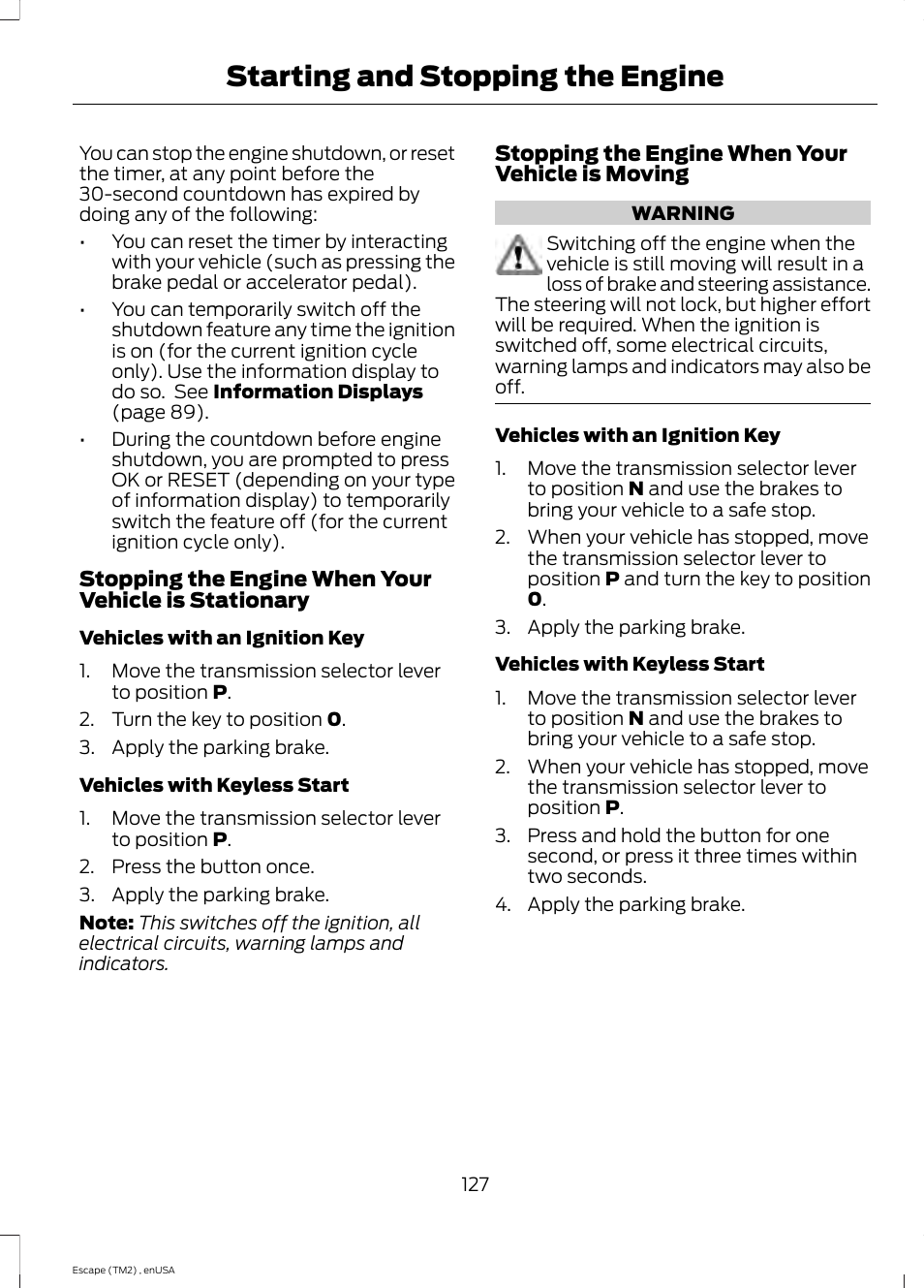 Starting and stopping the engine | FORD 2014 Escape v.4 User Manual | Page 130 / 434