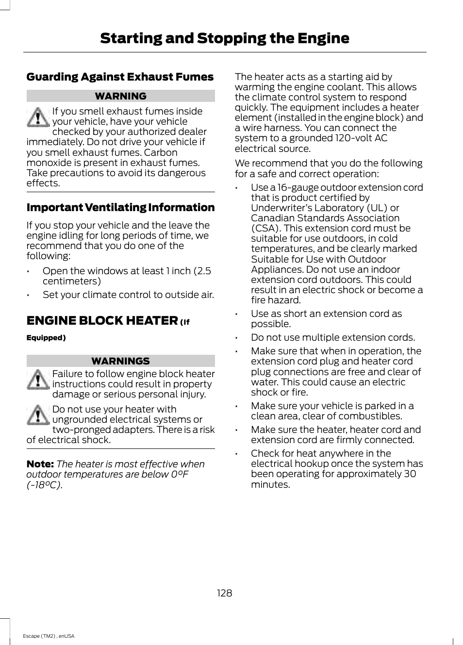 Engine block heater, Starting and stopping the engine | FORD 2014 Escape v.4 User Manual | Page 131 / 434