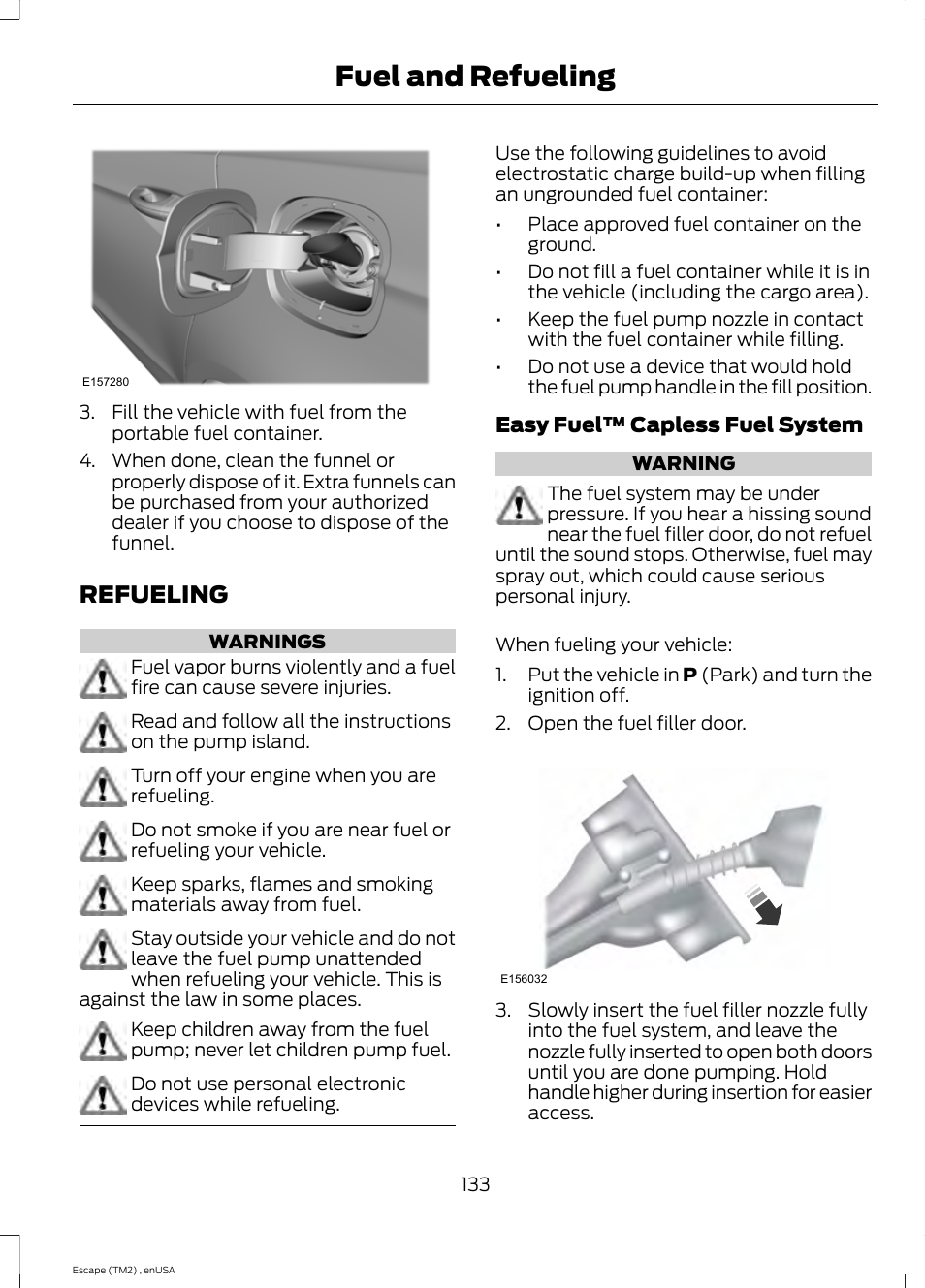 Refueling, Fuel and refueling | FORD 2014 Escape v.4 User Manual | Page 136 / 434