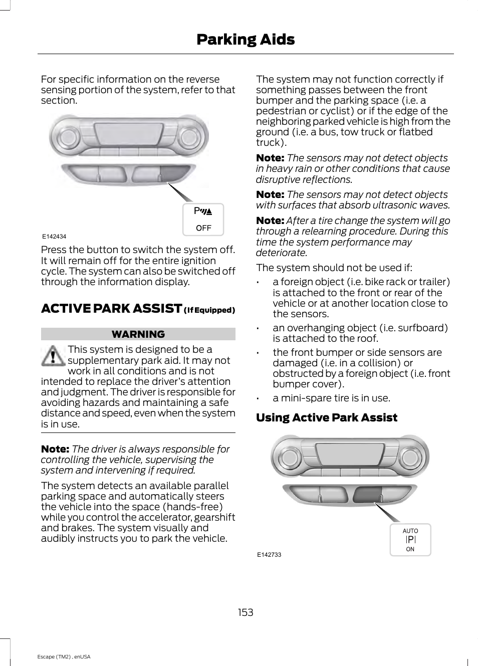 Active park assist, Parking aids | FORD 2014 Escape v.4 User Manual | Page 156 / 434