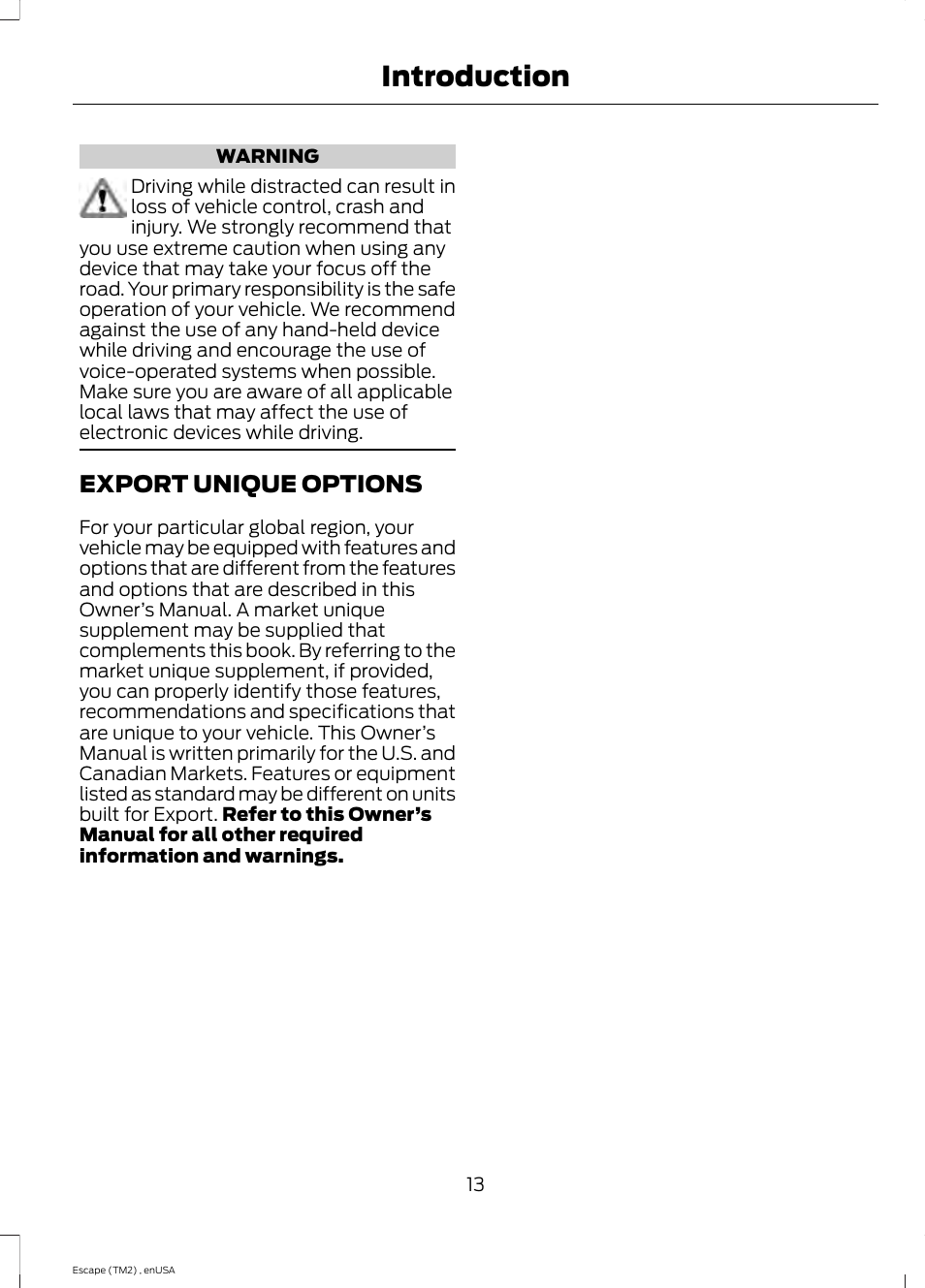 Export unique options, Introduction | FORD 2014 Escape v.4 User Manual | Page 16 / 434