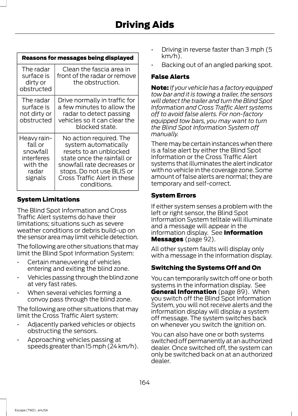 Driving aids | FORD 2014 Escape v.4 User Manual | Page 167 / 434