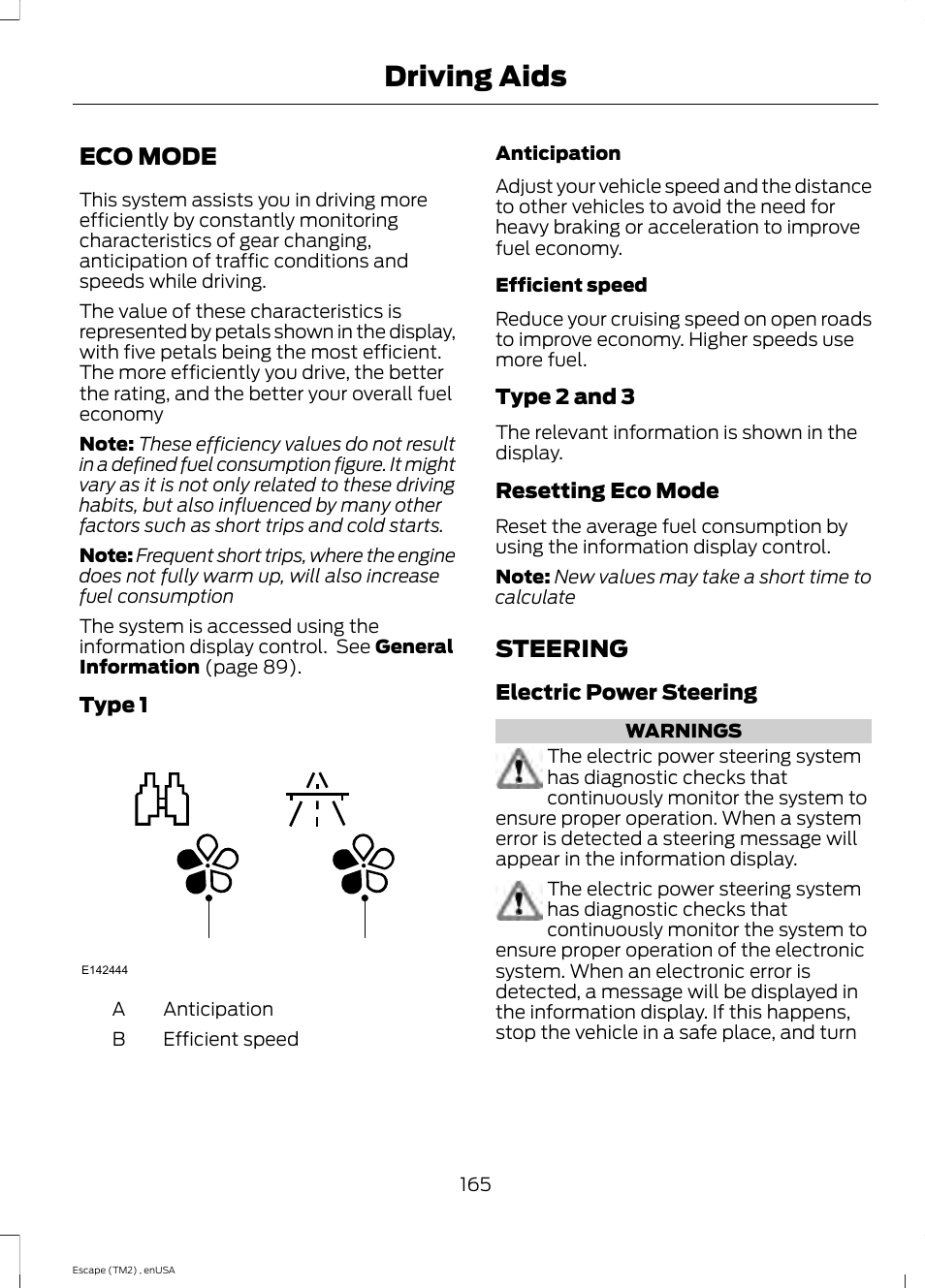 Eco mode, Steering, Eco mode steering | Driving aids | FORD 2014 Escape v.4 User Manual | Page 168 / 434