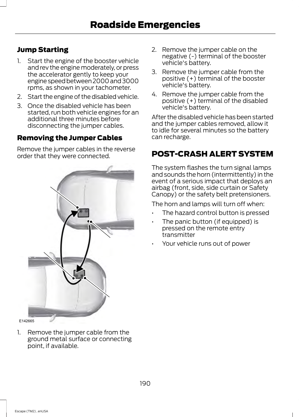 Post-crash alert system, Roadside emergencies | FORD 2014 Escape v.4 User Manual | Page 193 / 434