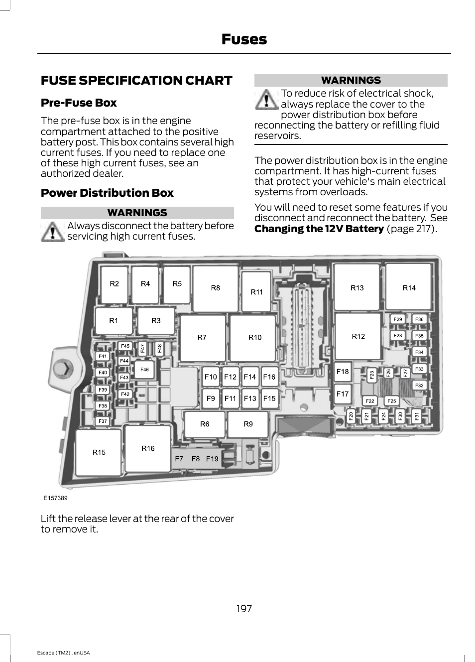 Fuses, Fuse specification chart | FORD 2014 Escape v.4 User Manual | Page 200 / 434