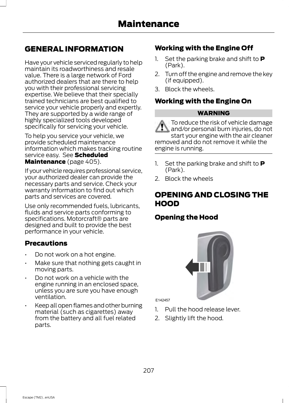 Maintenance, General information, Opening and closing the hood | General information opening and closing the hood | FORD 2014 Escape v.4 User Manual | Page 210 / 434