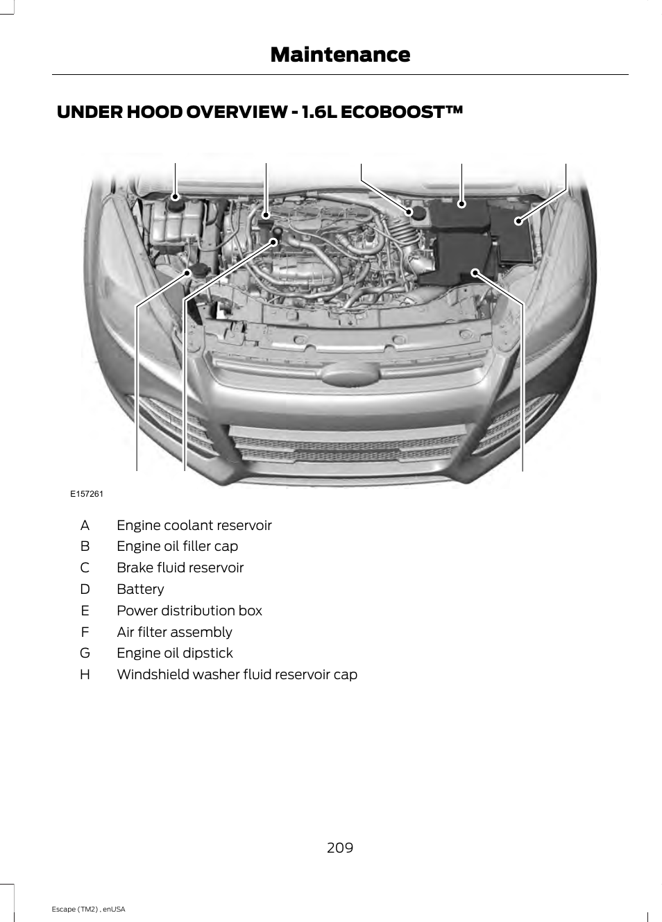 Under hood overview, Under hood overview - 1.6l, Ecoboost | Maintenance, Fh g | FORD 2014 Escape v.4 User Manual | Page 212 / 434