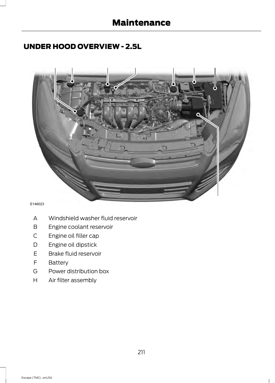Under hood overview, Under hood overview - 2.5l, Maintenance | FORD 2014 Escape v.4 User Manual | Page 214 / 434