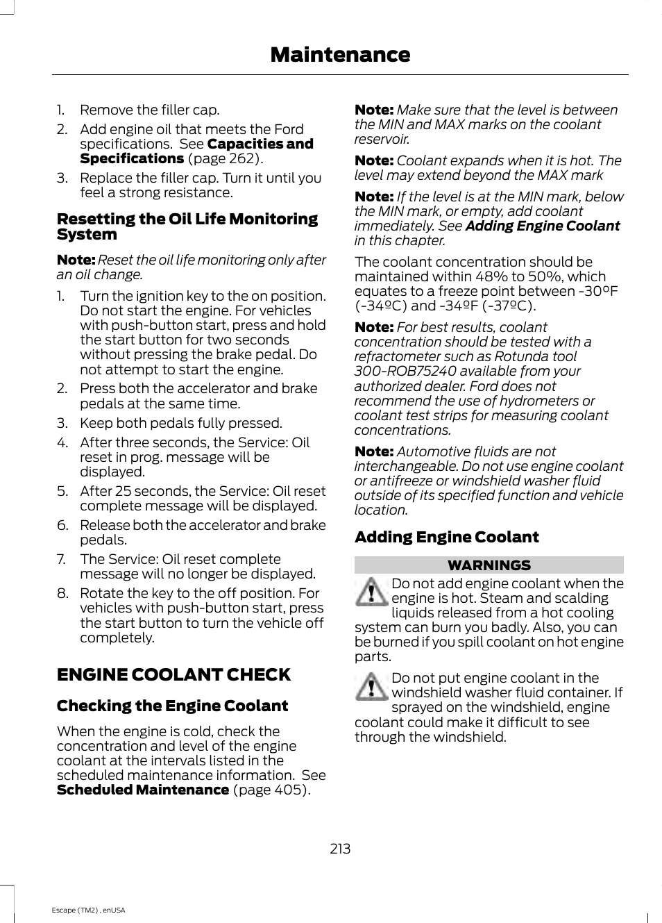 Engine coolant check, Maintenance | FORD 2014 Escape v.4 User Manual | Page 216 / 434