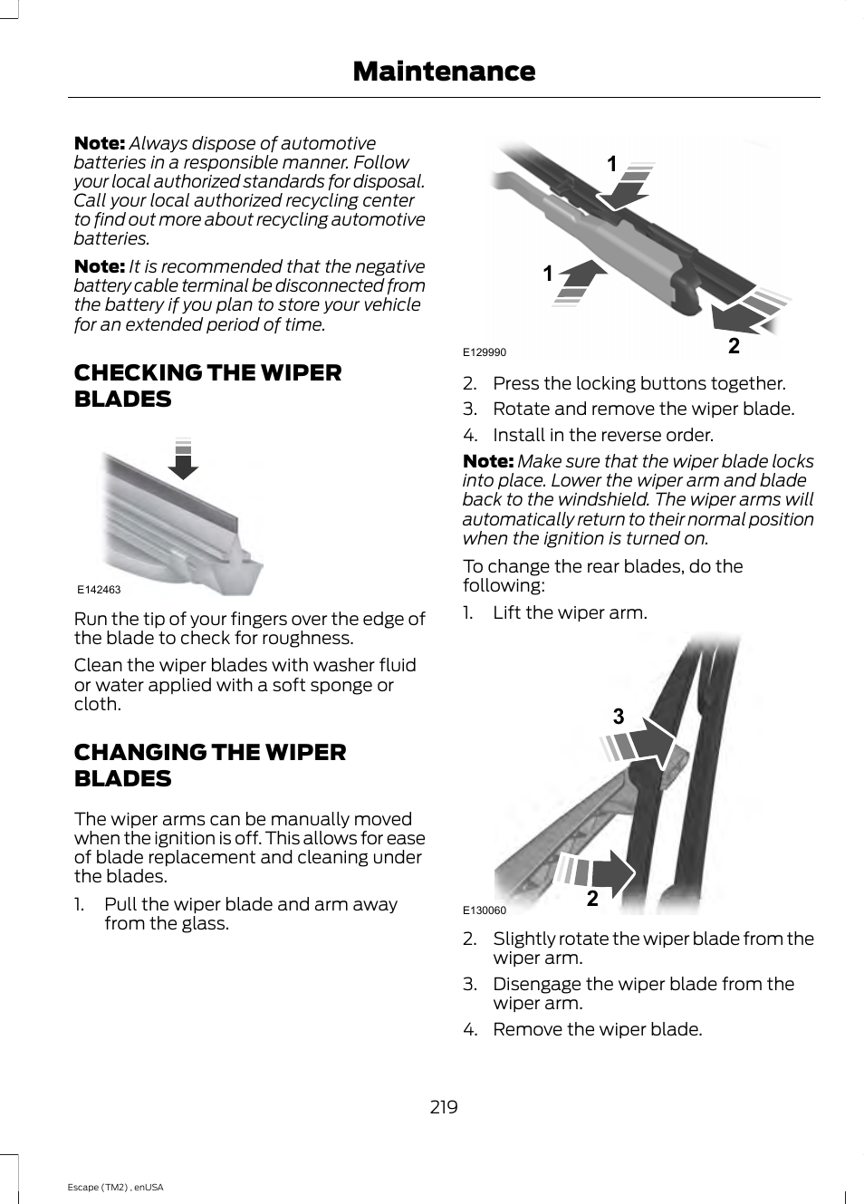 Checking the wiper blades, Changing the wiper blades, Maintenance | FORD 2014 Escape v.4 User Manual | Page 222 / 434