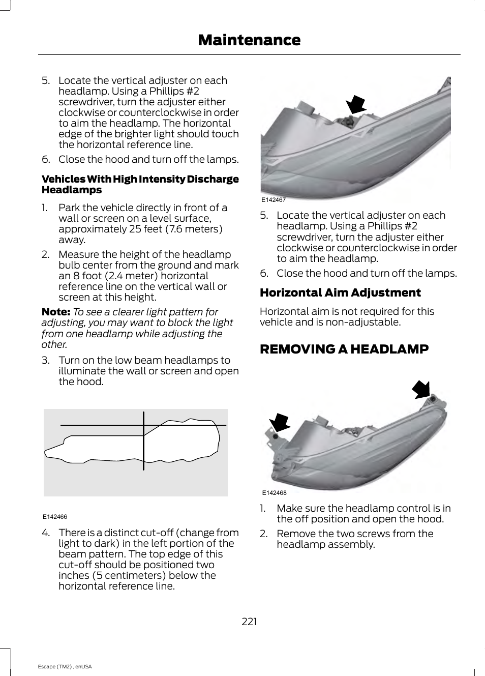 Removing a headlamp, Maintenance, Removing a headlamp 2 2 | FORD 2014 Escape v.4 User Manual | Page 224 / 434