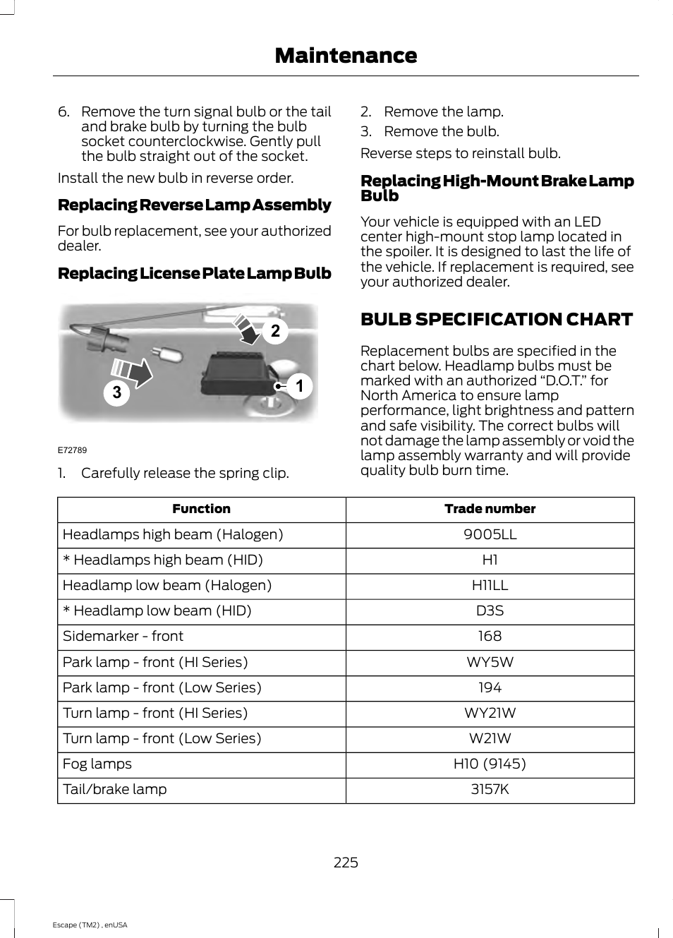 Bulb specification chart, Maintenance | FORD 2014 Escape v.4 User Manual | Page 228 / 434