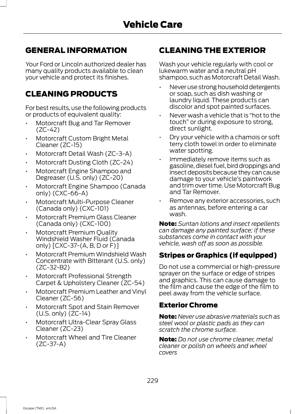 Vehicle care, General information, Cleaning products | Cleaning the exterior | FORD 2014 Escape v.4 User Manual | Page 232 / 434
