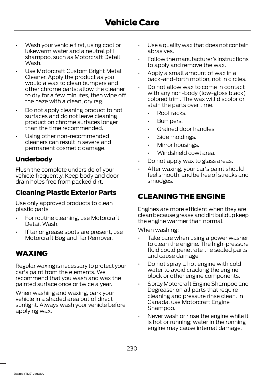 Waxing, Cleaning the engine, Waxing cleaning the engine | Vehicle care | FORD 2014 Escape v.4 User Manual | Page 233 / 434