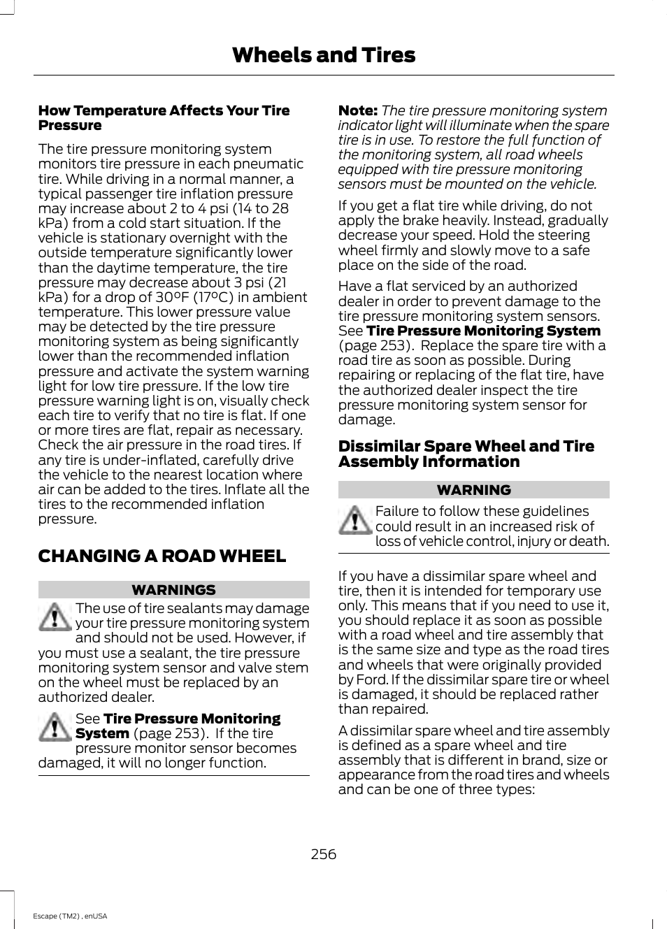 Changing a road wheel, Wheels and tires | FORD 2014 Escape v.4 User Manual | Page 259 / 434