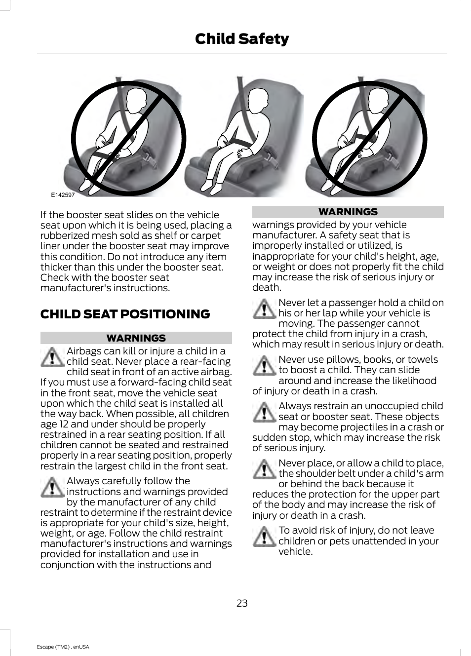 Child seat positioning, Child safety | FORD 2014 Escape v.4 User Manual | Page 26 / 434