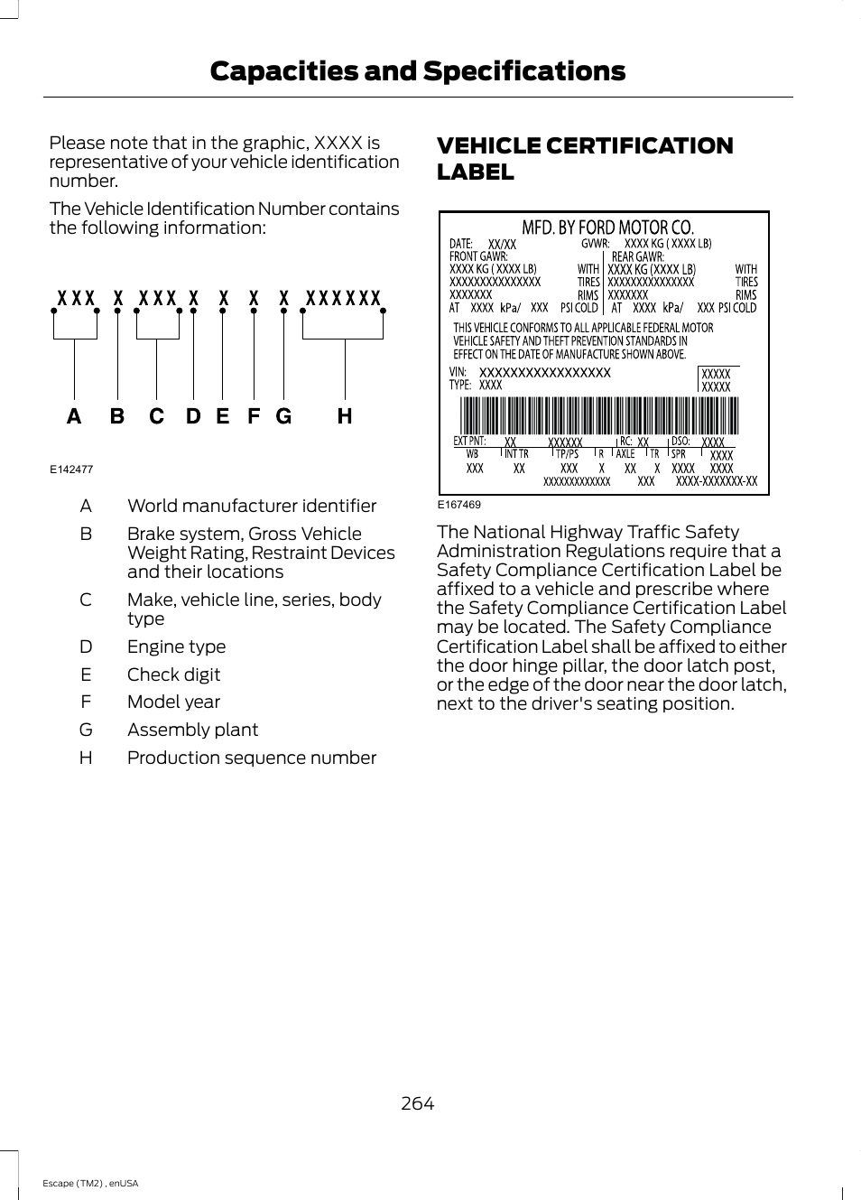 Vehicle certification label, Capacities and specifications | FORD 2014 Escape v.4 User Manual | Page 267 / 434