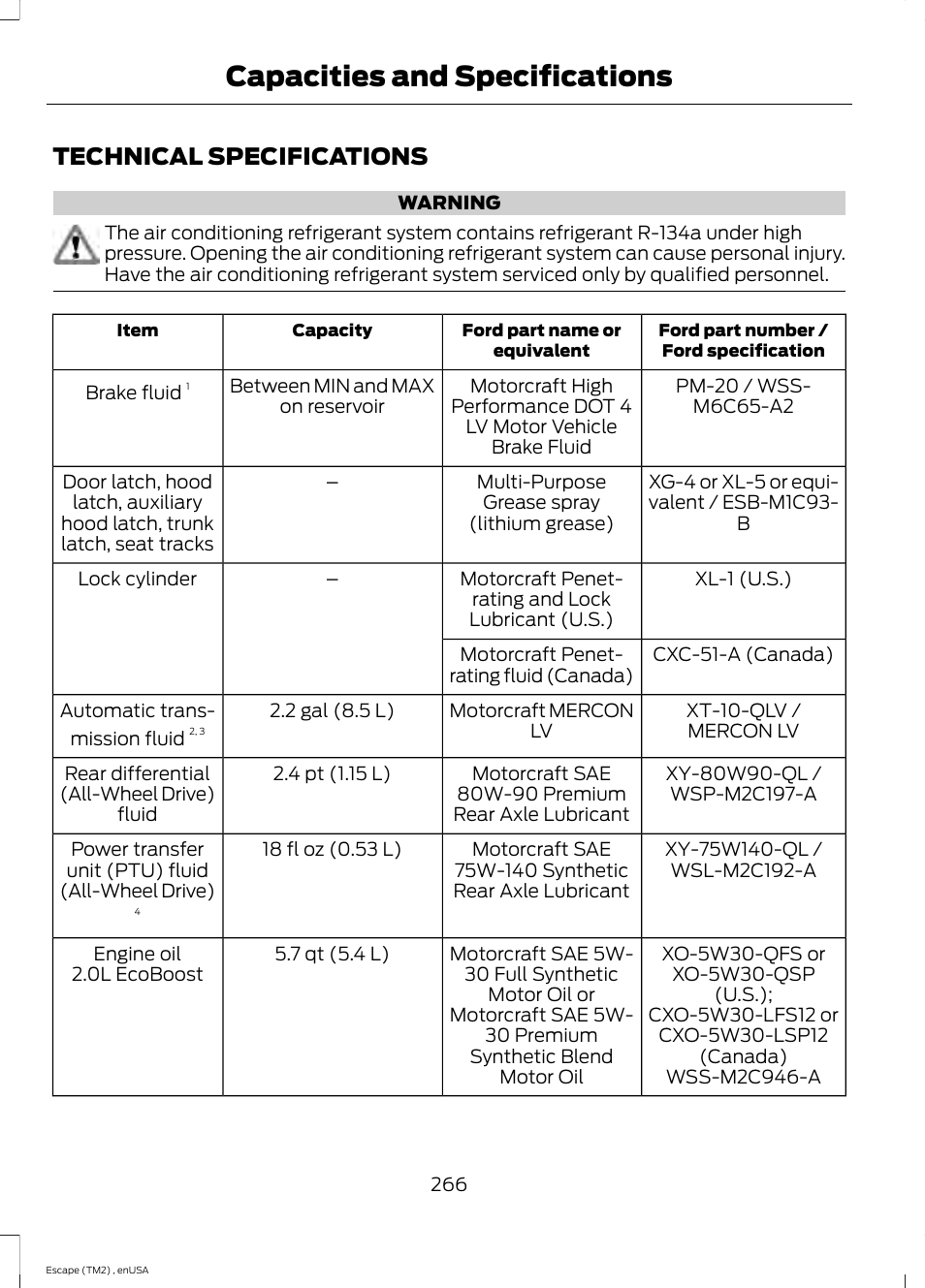 Technical specifications, Capacities and specifications | FORD 2014 Escape v.4 User Manual | Page 269 / 434