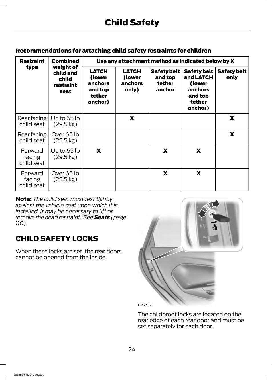 Child safety locks, Child safety | FORD 2014 Escape v.4 User Manual | Page 27 / 434