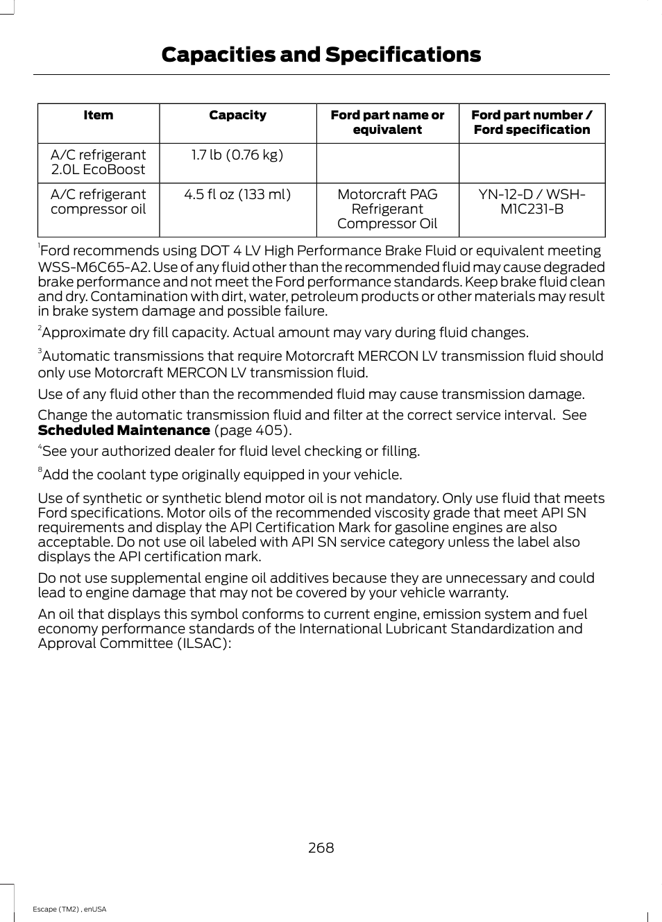 Capacities and specifications | FORD 2014 Escape v.4 User Manual | Page 271 / 434