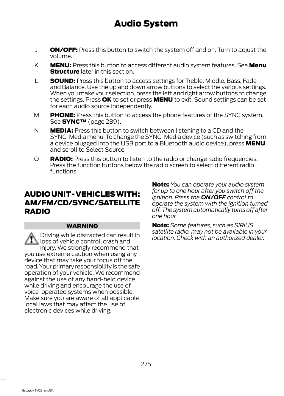 Audio unit, Audio unit - vehicles with: am/fm/cd, Sync/satellite radio | Audio system | FORD 2014 Escape v.4 User Manual | Page 278 / 434