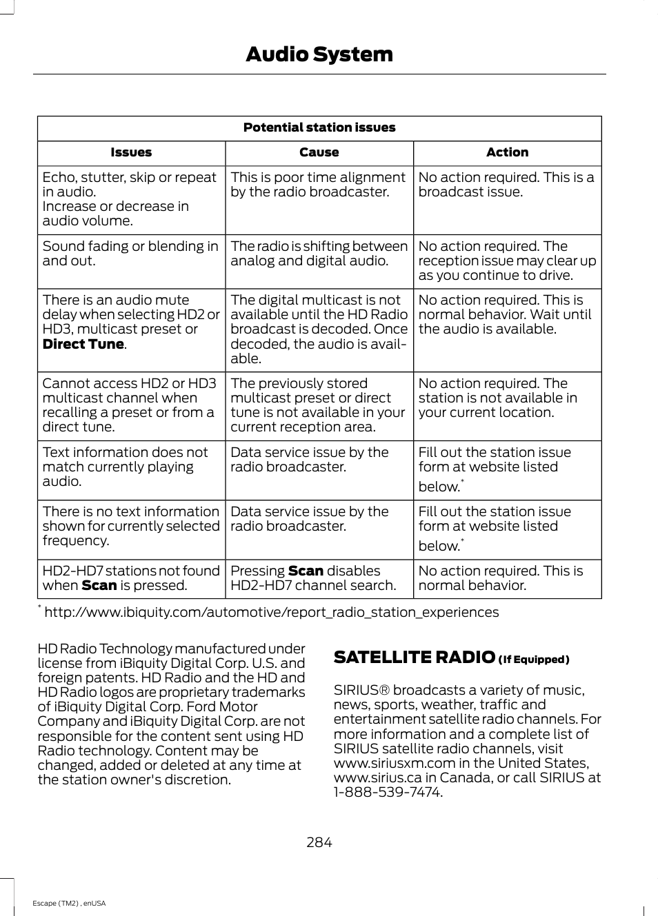 Satellite radio, Audio system | FORD 2014 Escape v.4 User Manual | Page 287 / 434