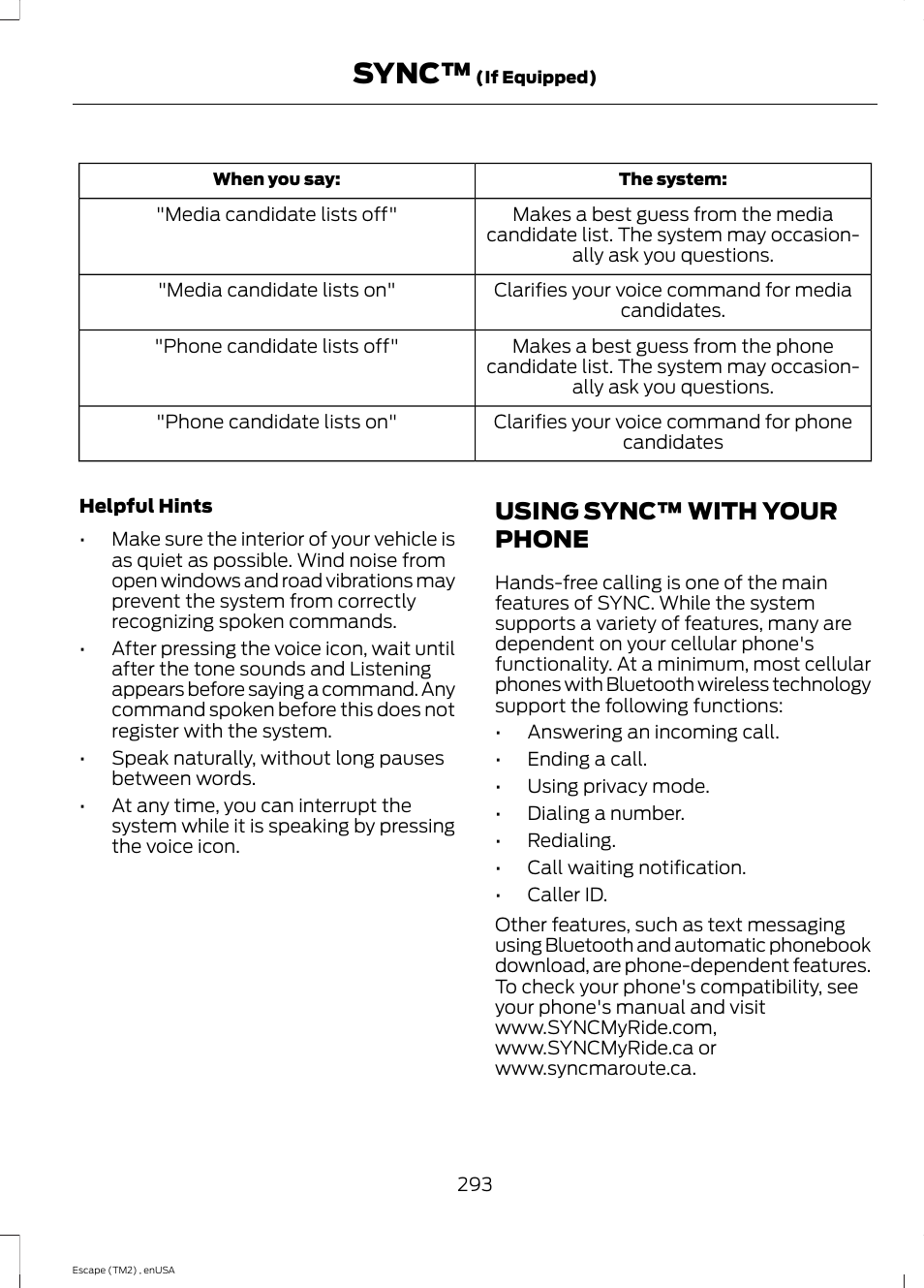 Using sync™ with your phone, Sync | FORD 2014 Escape v.4 User Manual | Page 296 / 434