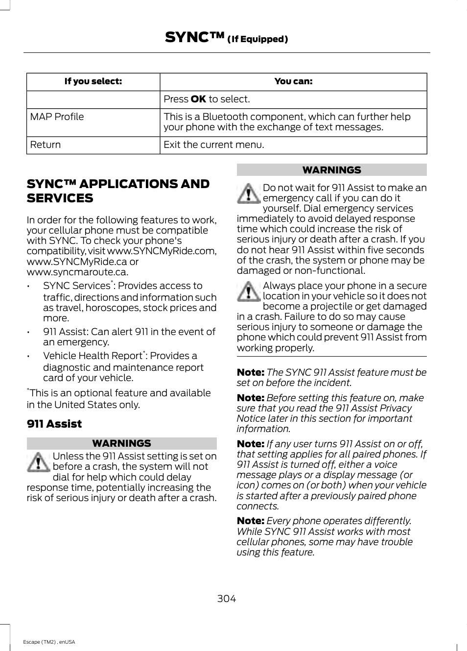Sync™ applications and services, Sync | FORD 2014 Escape v.4 User Manual | Page 307 / 434