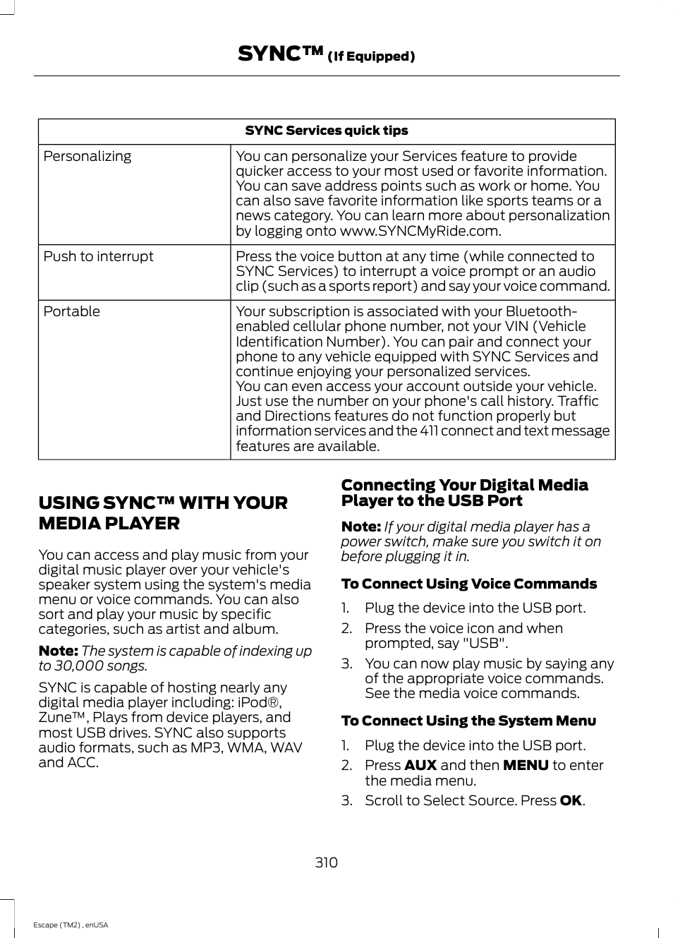 Using sync™ with your media player, Using sync™ with your media, Player | Sync | FORD 2014 Escape v.4 User Manual | Page 313 / 434