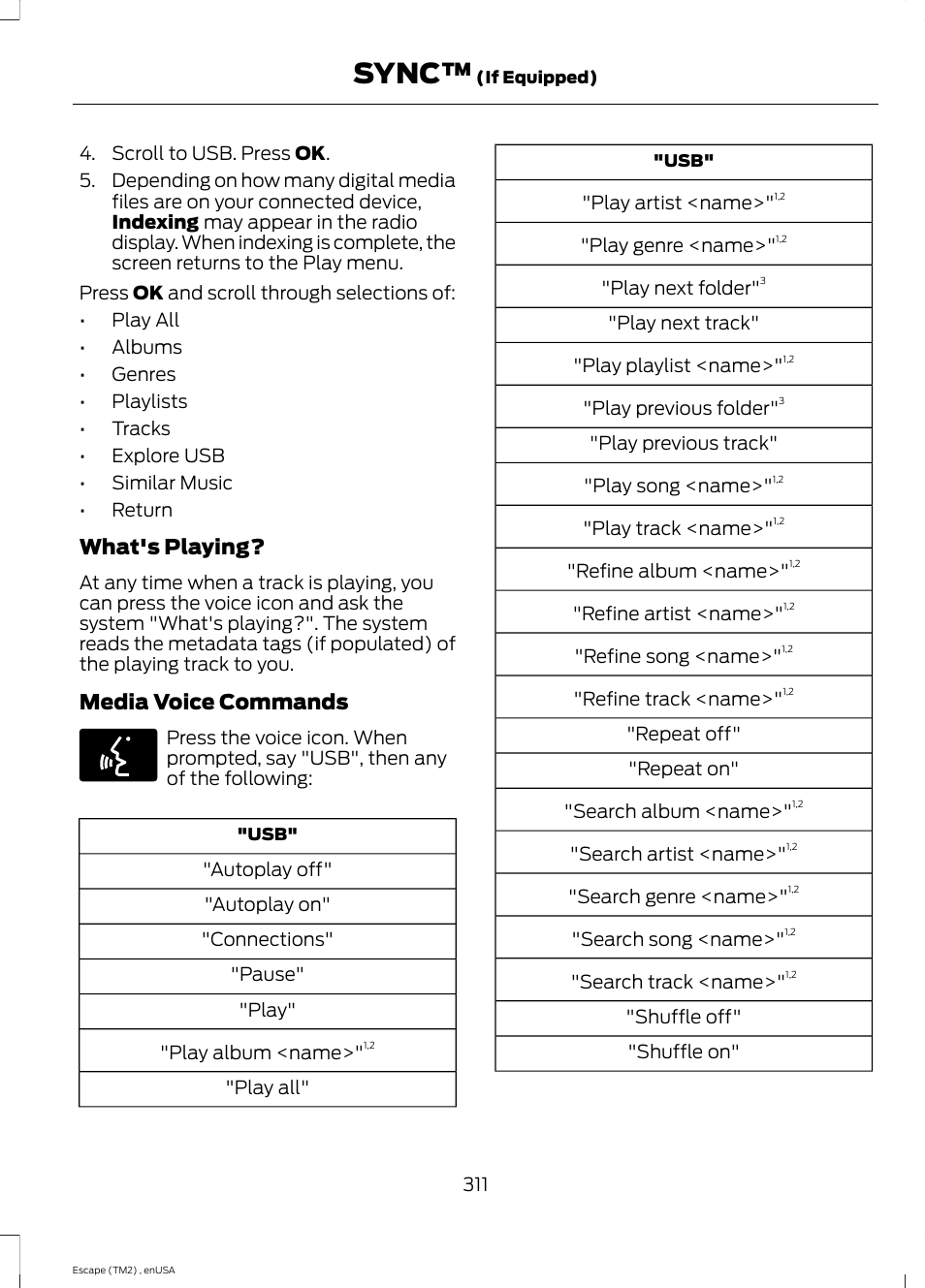 Sync, What's playing, Media voice commands | FORD 2014 Escape v.4 User Manual | Page 314 / 434