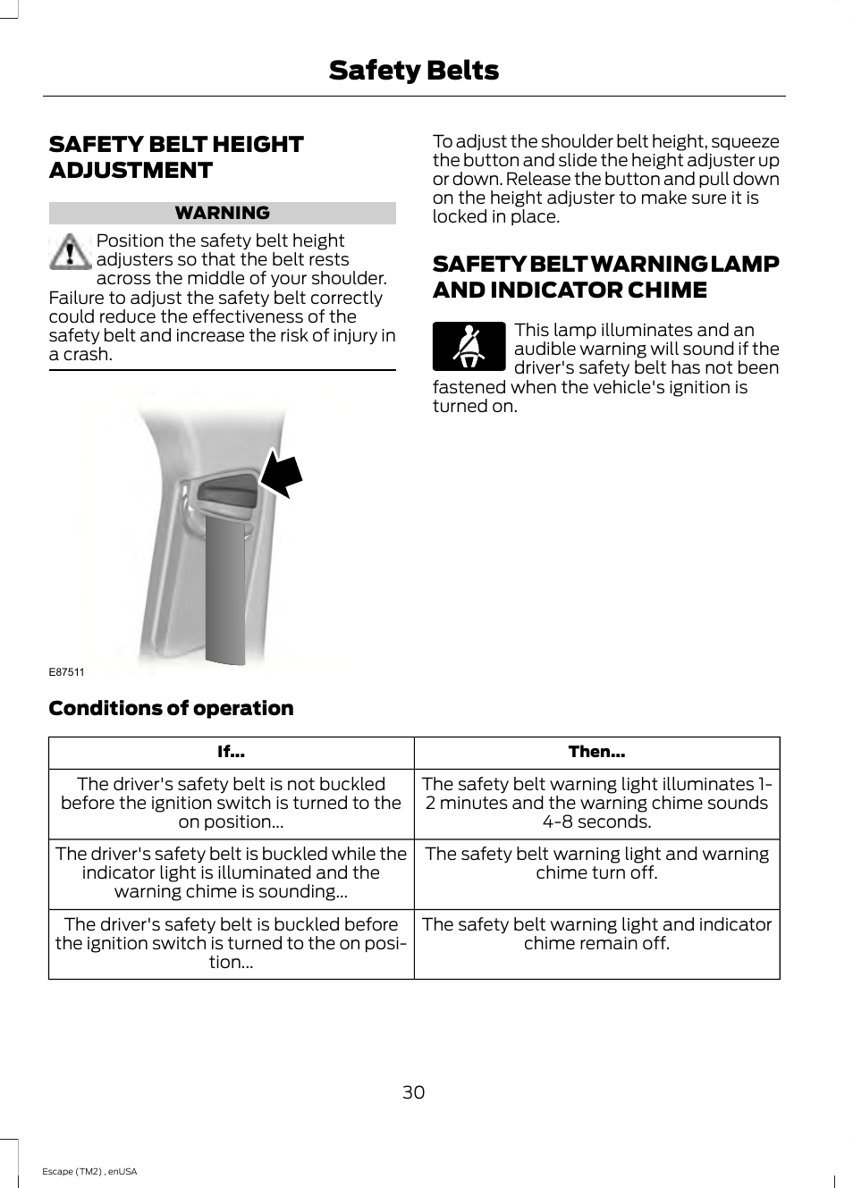 Safety belt height adjustment, Safety belt warning lamp and indicator chime, Chime | Safety belts | FORD 2014 Escape v.4 User Manual | Page 33 / 434