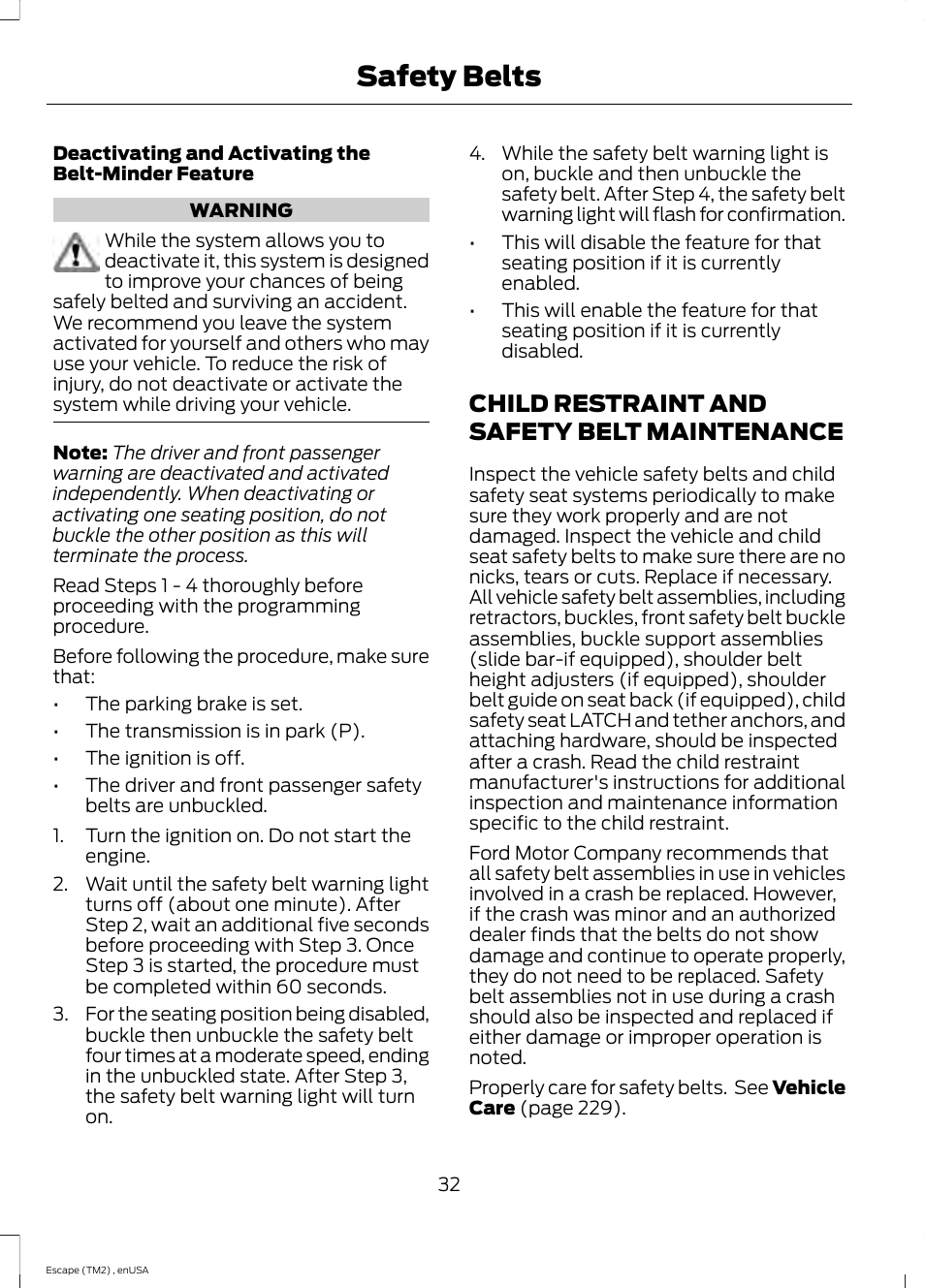 Child restraint and safety belt maintenance, Child restraint and safety belt, Maintenance | Safety belts | FORD 2014 Escape v.4 User Manual | Page 35 / 434
