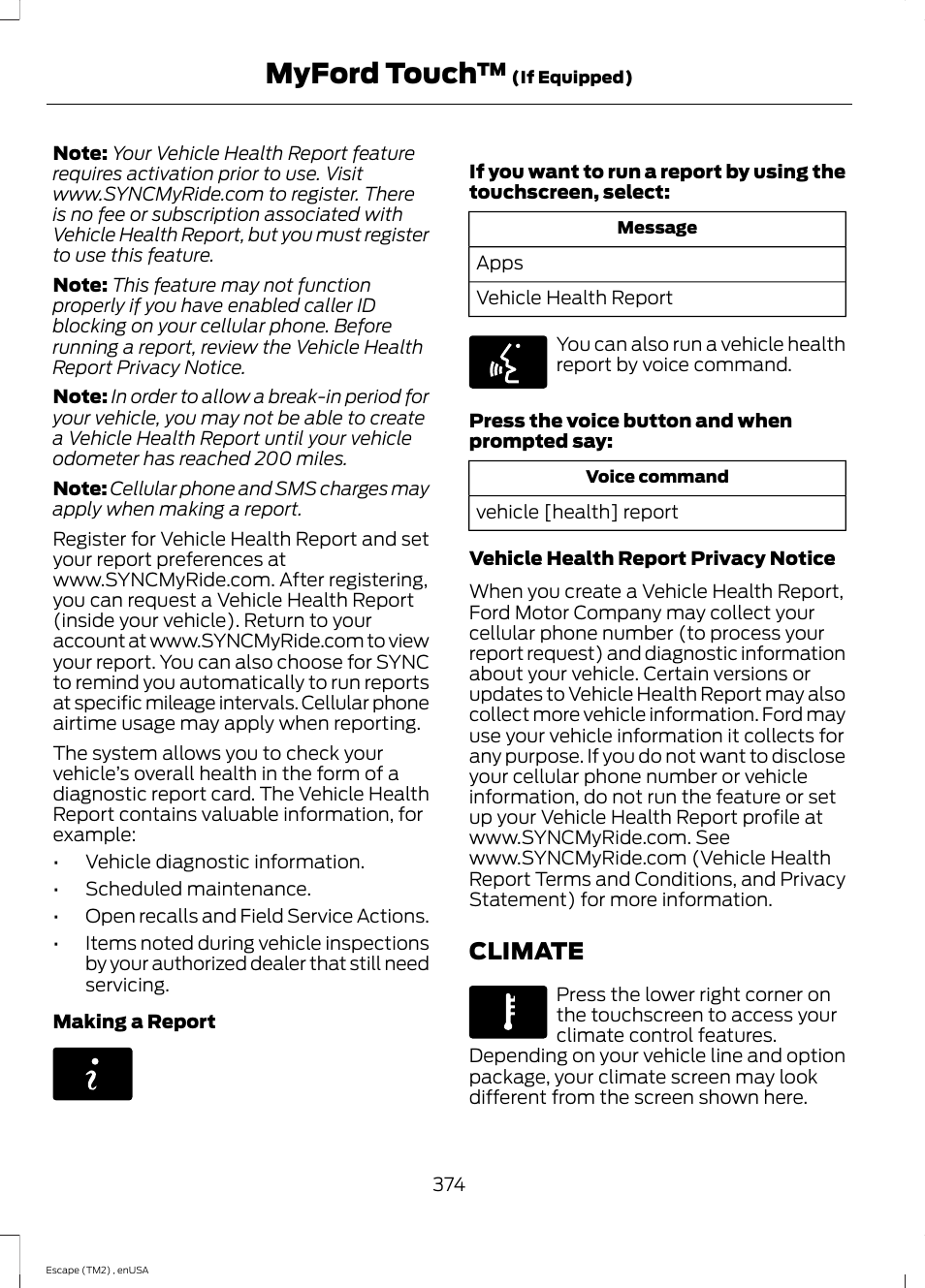 Climate, Myford touch | FORD 2014 Escape v.4 User Manual | Page 377 / 434