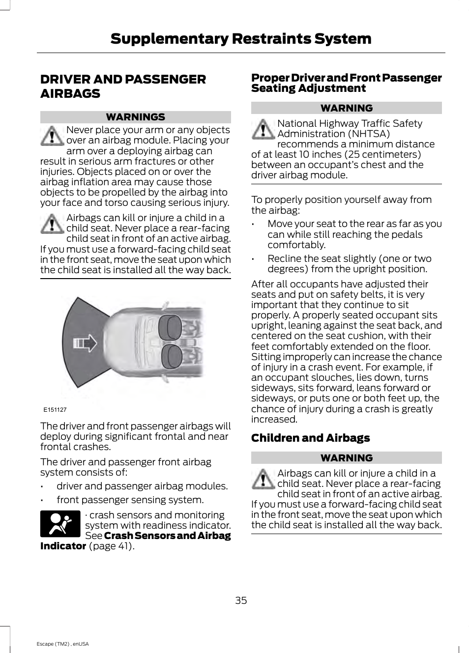 Driver and passenger airbags, Supplementary restraints system | FORD 2014 Escape v.4 User Manual | Page 38 / 434