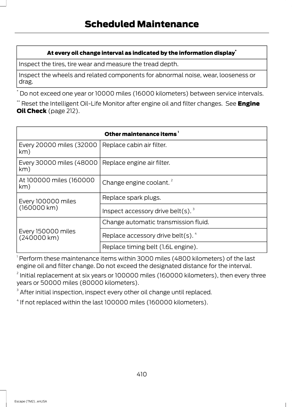 Scheduled maintenance | FORD 2014 Escape v.4 User Manual | Page 413 / 434