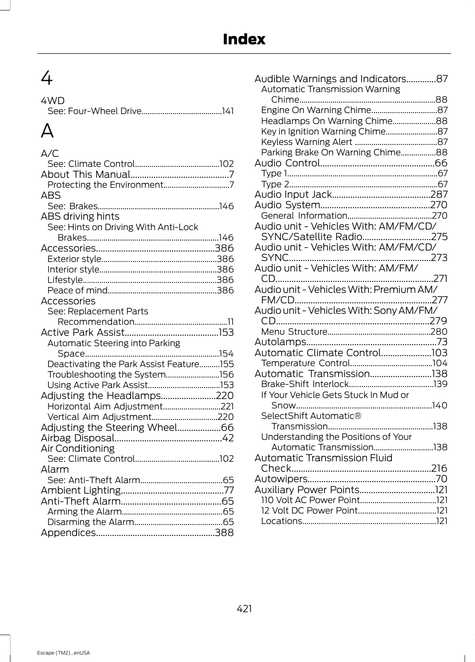 Index | FORD 2014 Escape v.4 User Manual | Page 424 / 434