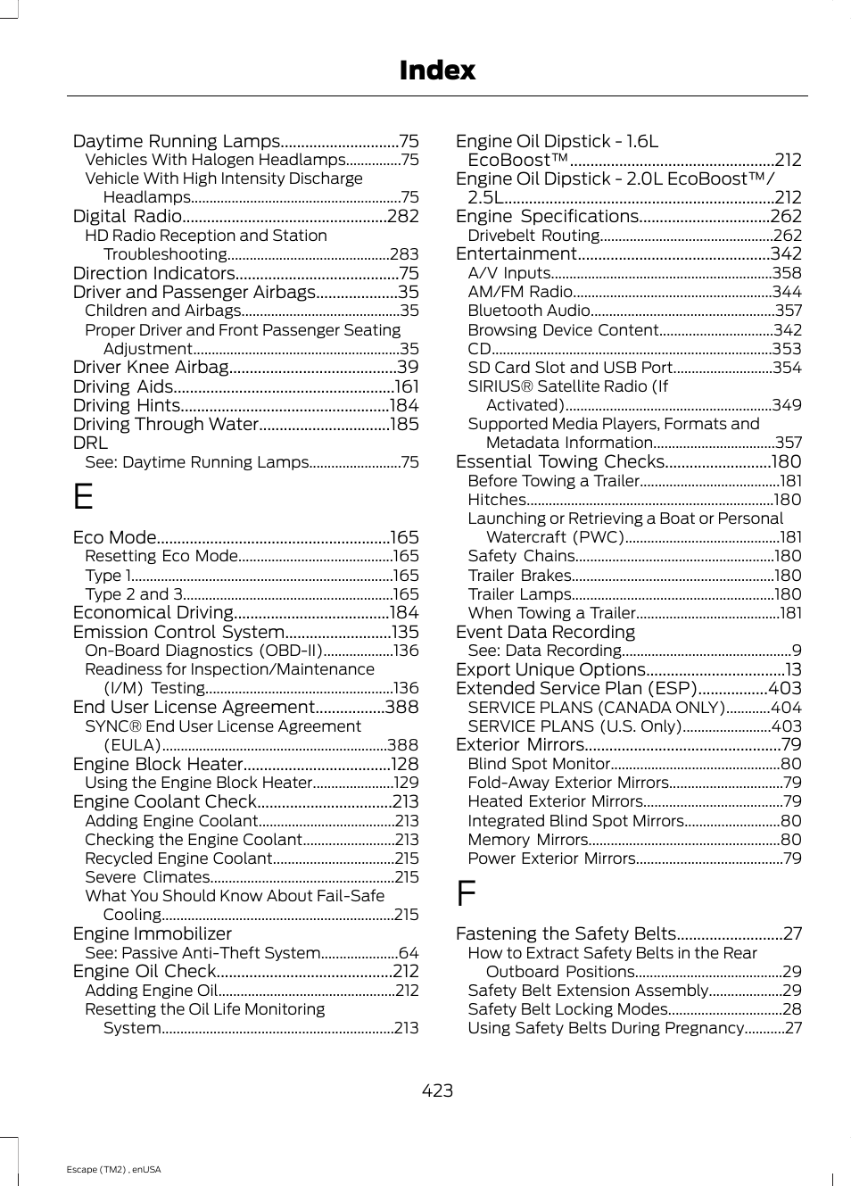 Index | FORD 2014 Escape v.4 User Manual | Page 426 / 434