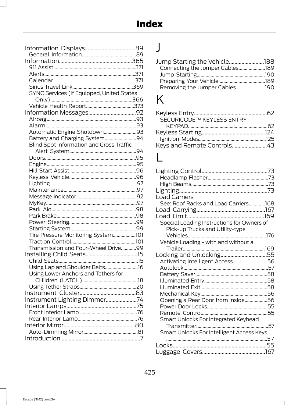 Index | FORD 2014 Escape v.4 User Manual | Page 428 / 434